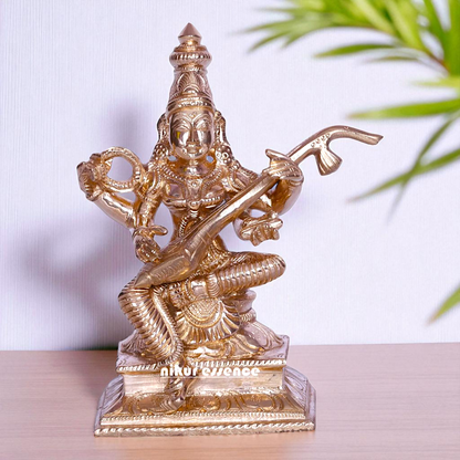Goddess Saraswati Maa Seated with Playing Veena Bronze/Panchaloha idol - 5 Inches Nikuressence