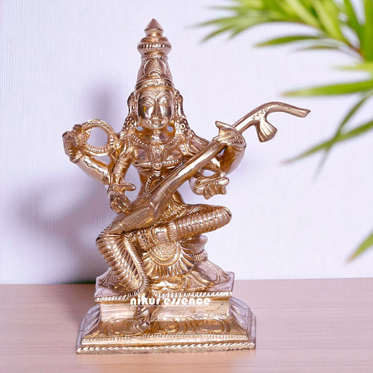 Goddess Saraswati Maa Seated with Playing Veena Bronze/Panchaloha idol - 5 Inches Nikuressence