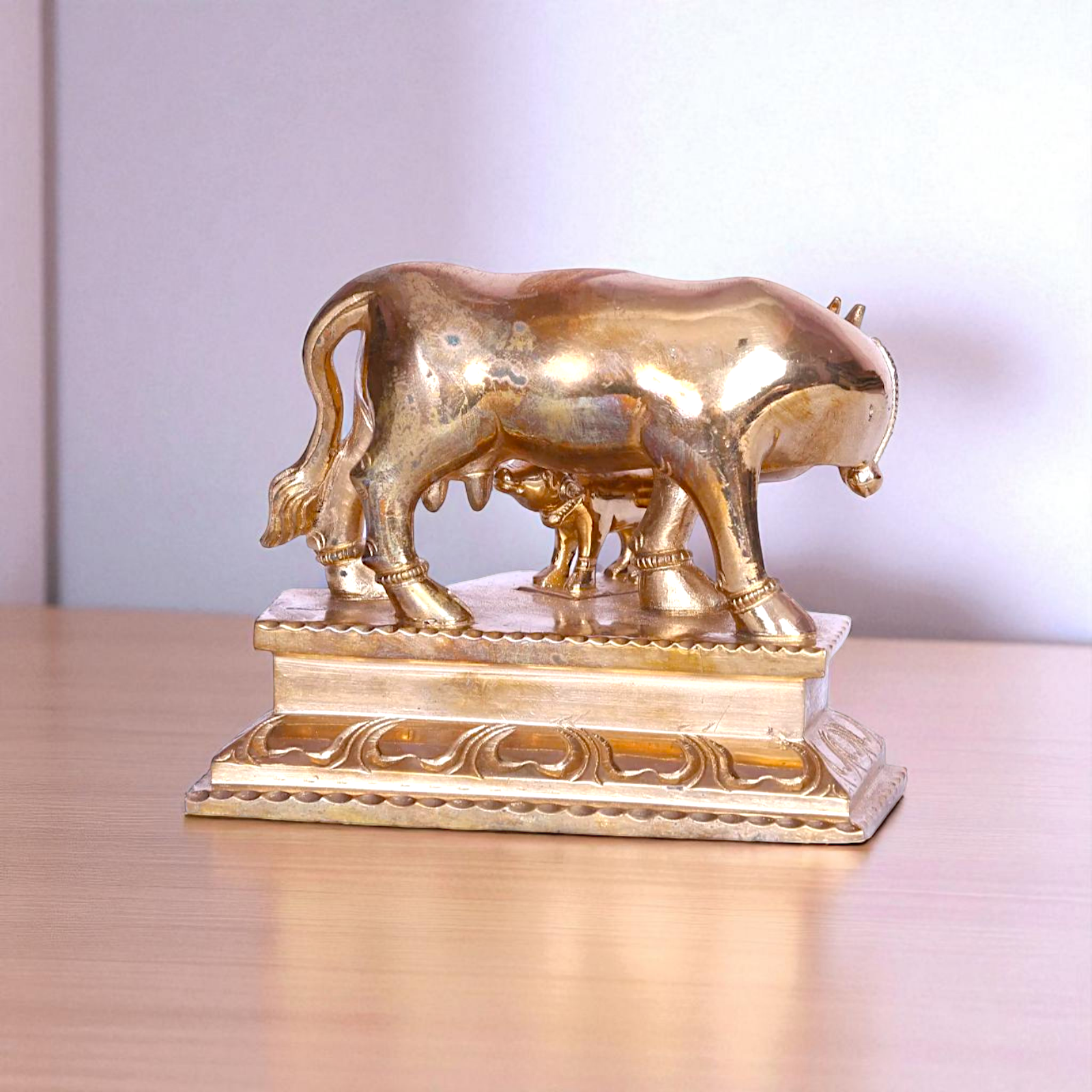 Goddess kamadhenu Cow mata with Calf Bronze/Panchaloha idol - 4 Inches Nikuressence