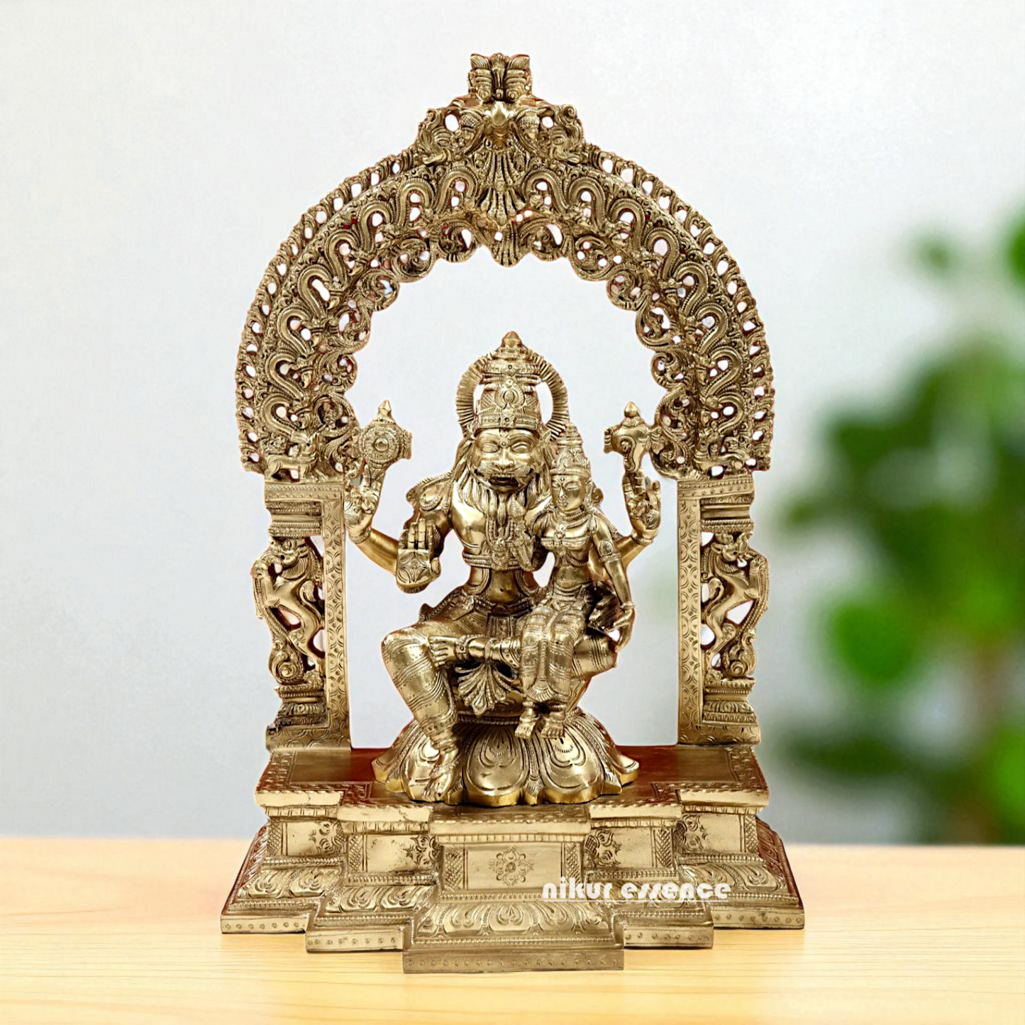 Lord Narasimha Vishnu with Lakshmi Seated on singhasan Bronze/Panchaloha idol - 18 Inches Nikuressence