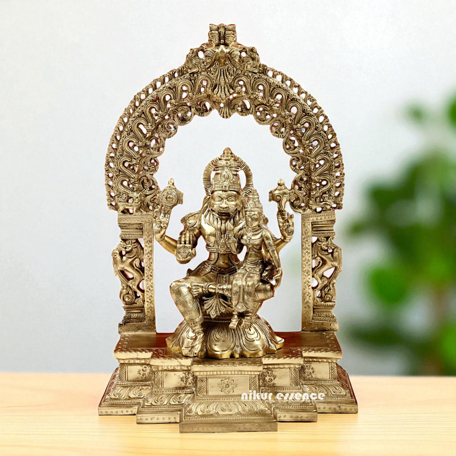 Lord Narasimha Vishnu with Lakshmi Seated on singhasan Bronze/Panchaloha idol - 18 Inches Nikuressence