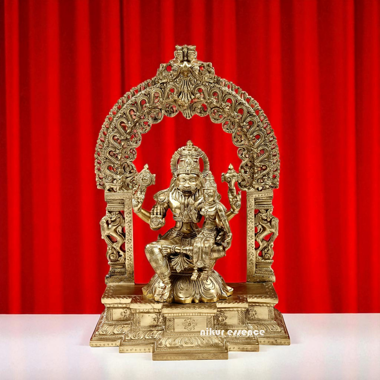 Lord Narasimha Vishnu with Lakshmi Seated on singhasan Bronze/Panchaloha idol - 18 Inches Nikuressence