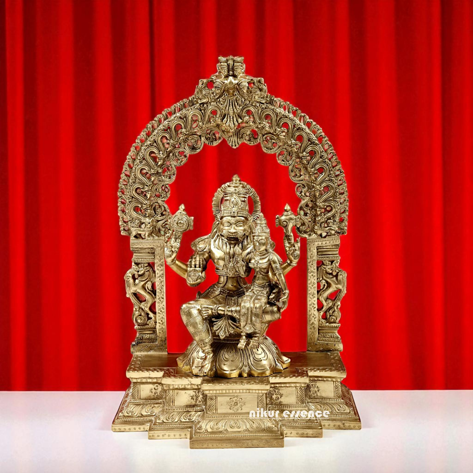 Lord Narasimha Vishnu with Lakshmi Seated on singhasan Bronze/Panchaloha idol - 18 Inches Nikuressence