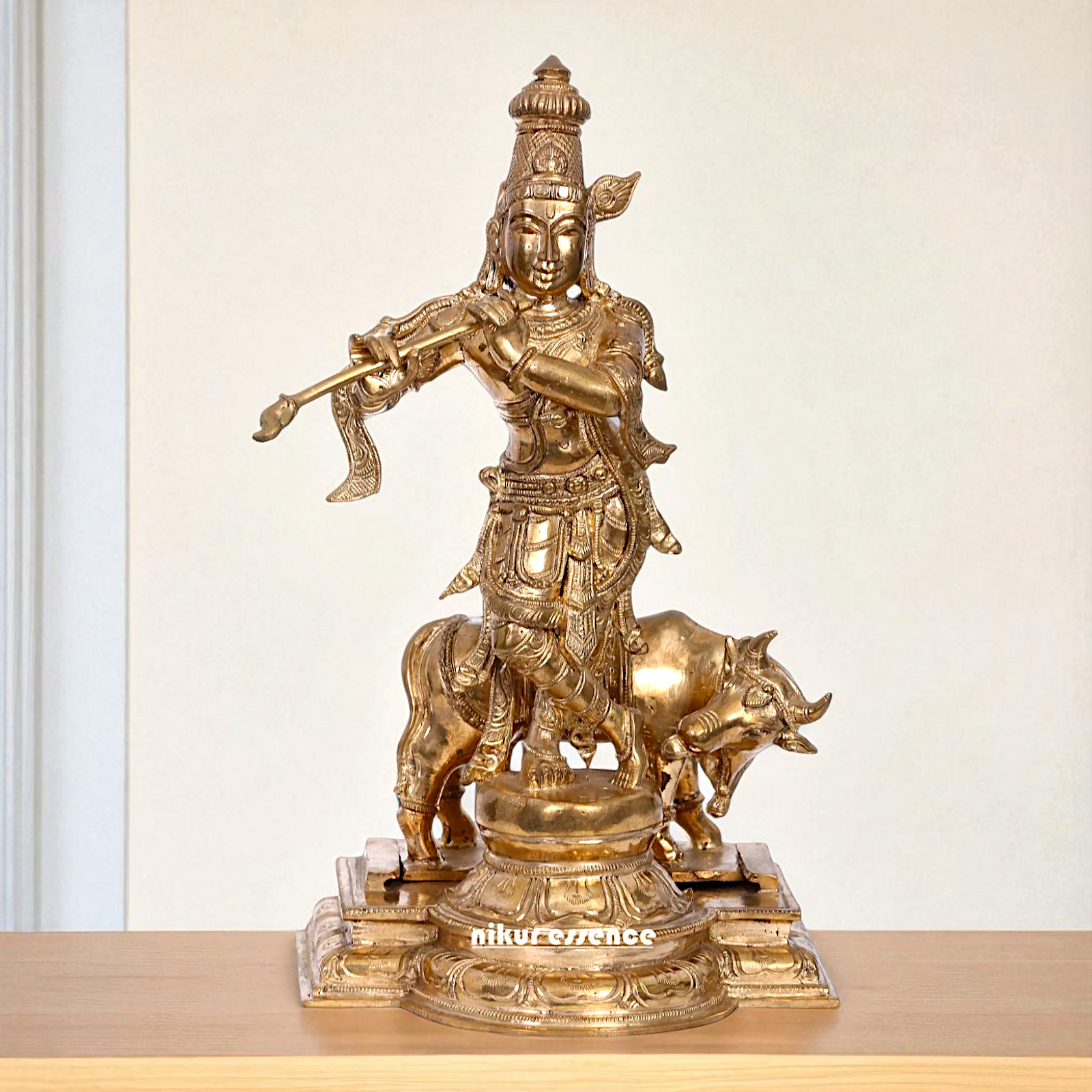 Lord Krishna Standing with Playing Flute and cow Bronze/Panchaloha idol - 13 Inches Nikuressence
