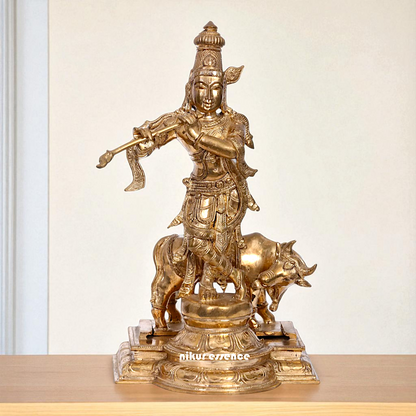 Lord Krishna Standing with Playing Flute and cow Bronze/Panchaloha idol - 13 Inches Nikuressence