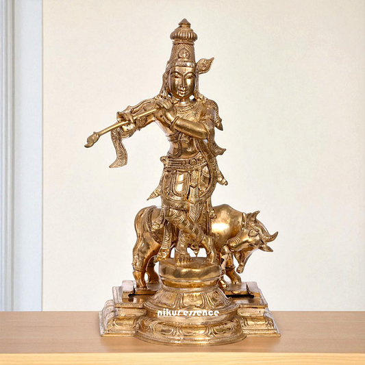 Lord Krishna Standing with Playing Flute and cow Bronze/Panchaloha idol - 13 Inches Nikuressence