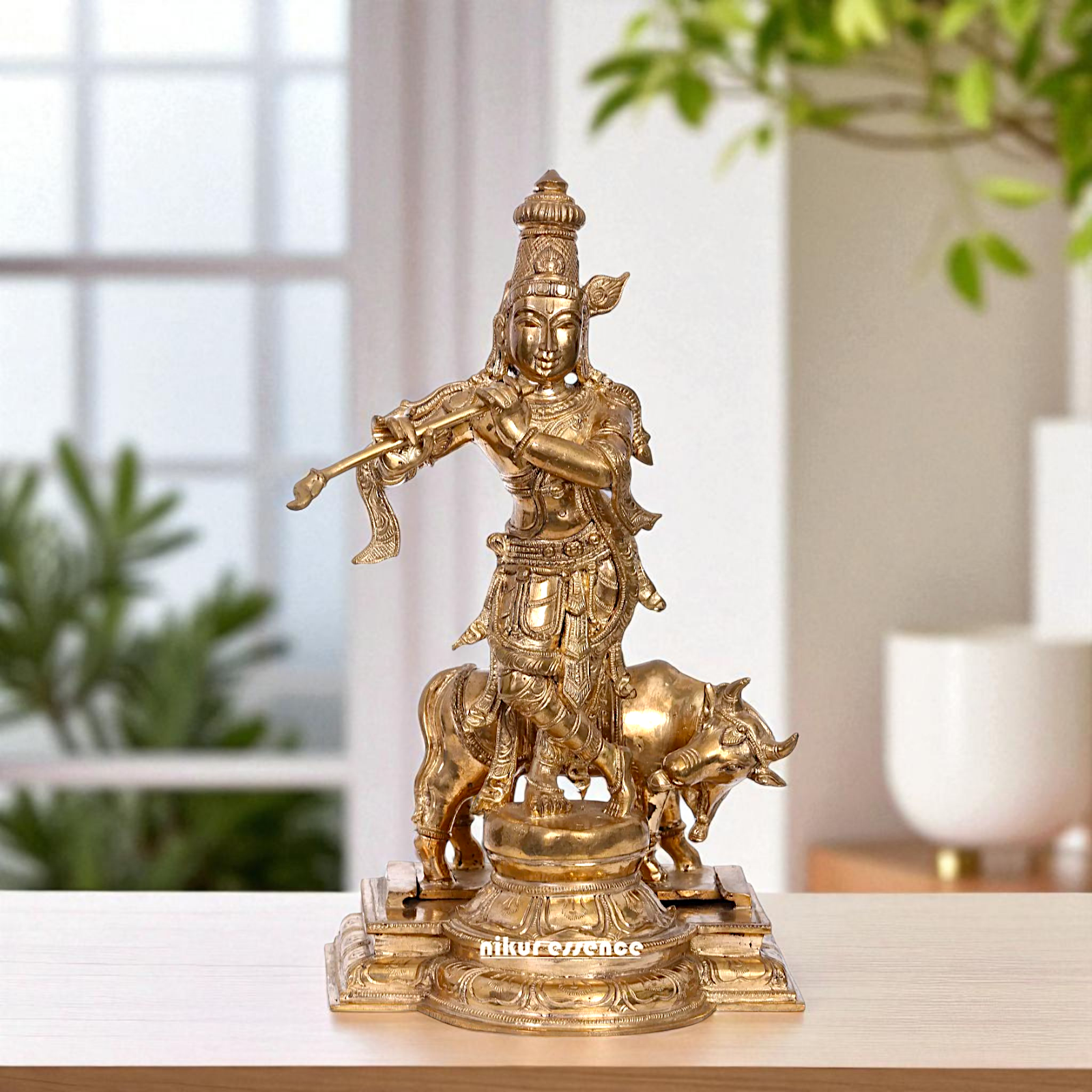 Lord Krishna Standing with Playing Flute and cow Bronze/Panchaloha idol - 13 Inches Nikuressence