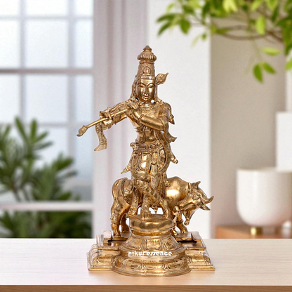 Lord Krishna Standing with Playing Flute and cow Bronze/Panchaloha idol - 13 Inches Nikuressence