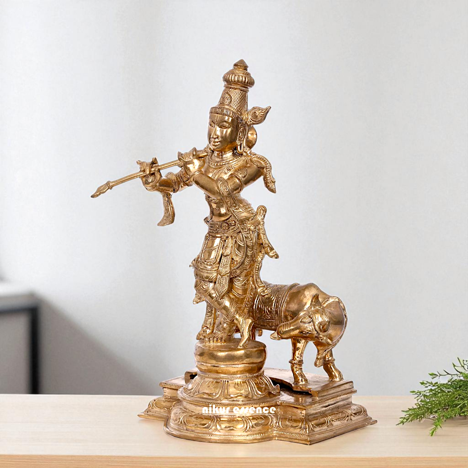 Lord Krishna Standing with Playing Flute and cow Bronze/Panchaloha idol - 13 Inches Nikuressence