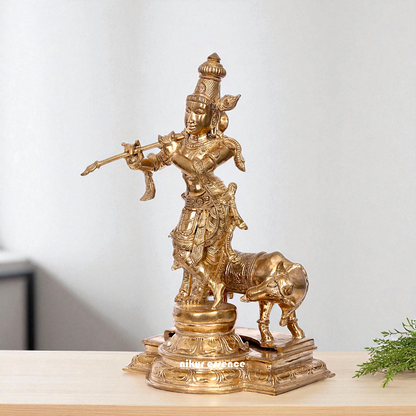 Lord Krishna Standing with Playing Flute and cow Bronze/Panchaloha idol - 13 Inches Nikuressence