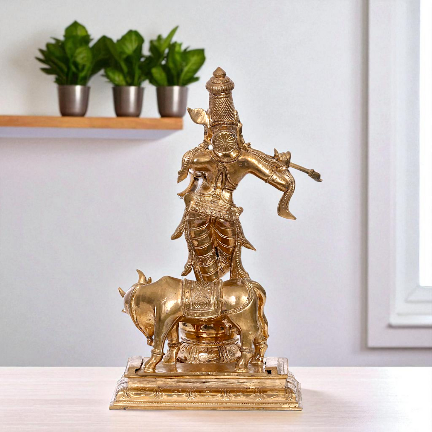 Lord Krishna Standing with Playing Flute and cow Bronze/Panchaloha idol - 13 Inches Nikuressence