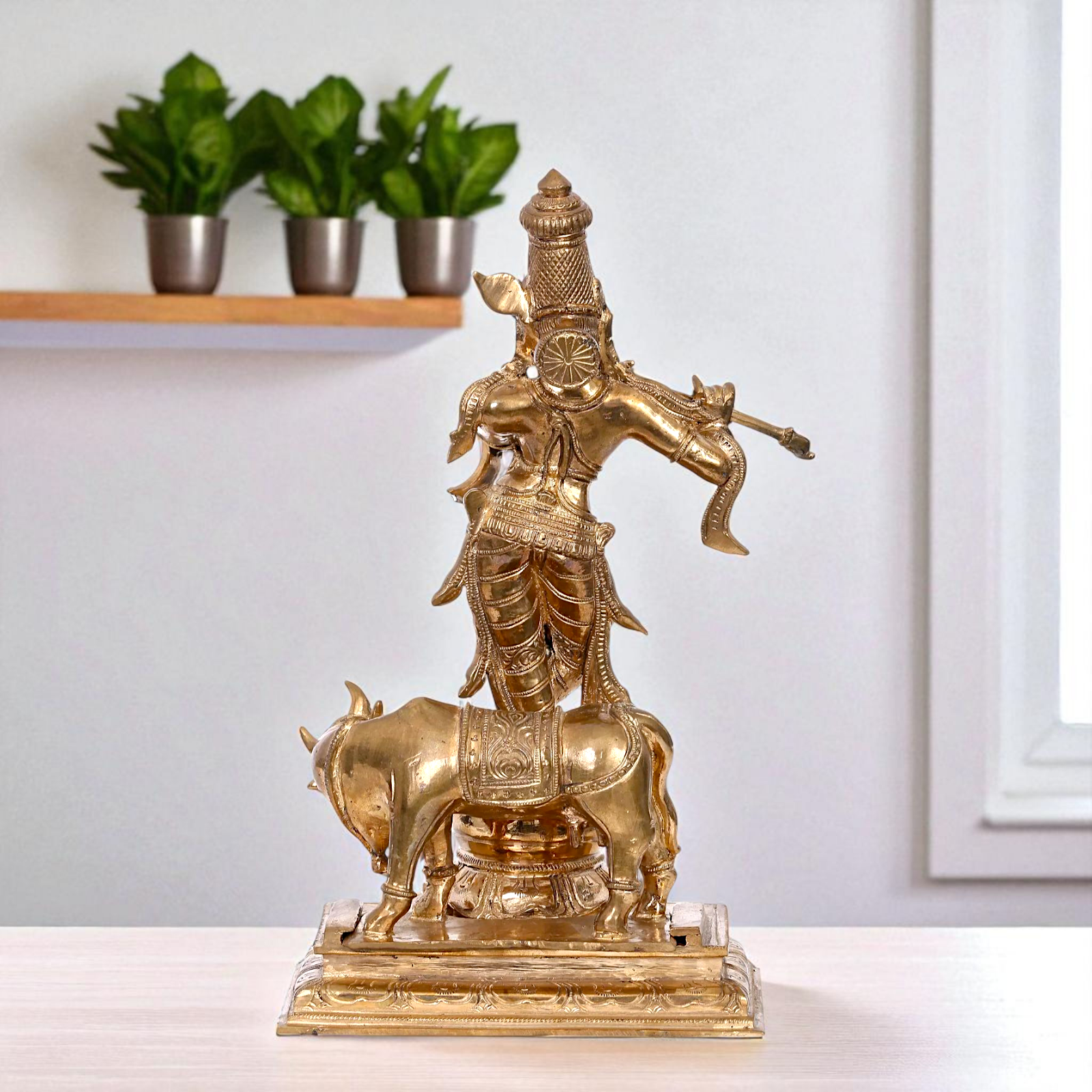Lord Krishna Standing with Playing Flute and cow Bronze/Panchaloha idol - 13 Inches Nikuressence