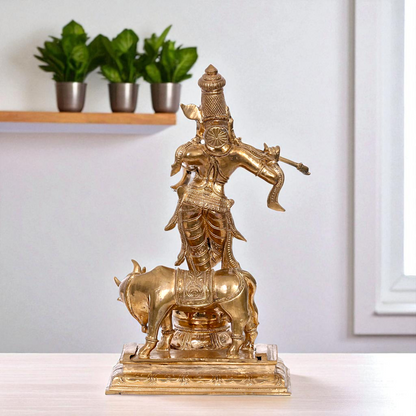Lord Krishna Standing with Playing Flute and cow Bronze/Panchaloha idol - 13 Inches Nikuressence