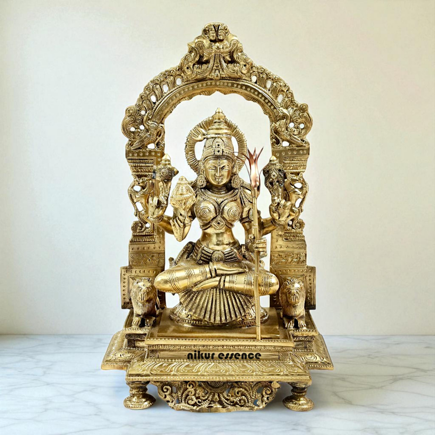 Rajarajeshwari Tripura Sundari Devi seated on kirtimukha throne with Blessing Bronze/Panchaloha idol - 14 Inches Nikuressence