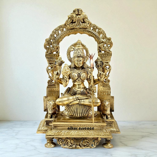 Rajarajeshwari Tripura Sundari Devi seated on kirtimukha throne with Blessing Bronze/Panchaloha idol - 14 Inches Nikuressence