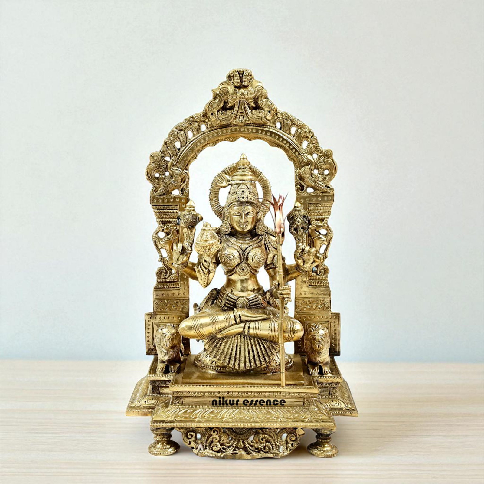 Rajarajeshwari Tripura Sundari Devi seated on kirtimukha throne with Blessing Bronze/Panchaloha idol - 14 Inches Nikuressence