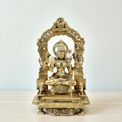 Rajarajeshwari Tripura Sundari Devi seated on kirtimukha throne with Blessing Bronze/Panchaloha idol - 14 Inches Nikuressence