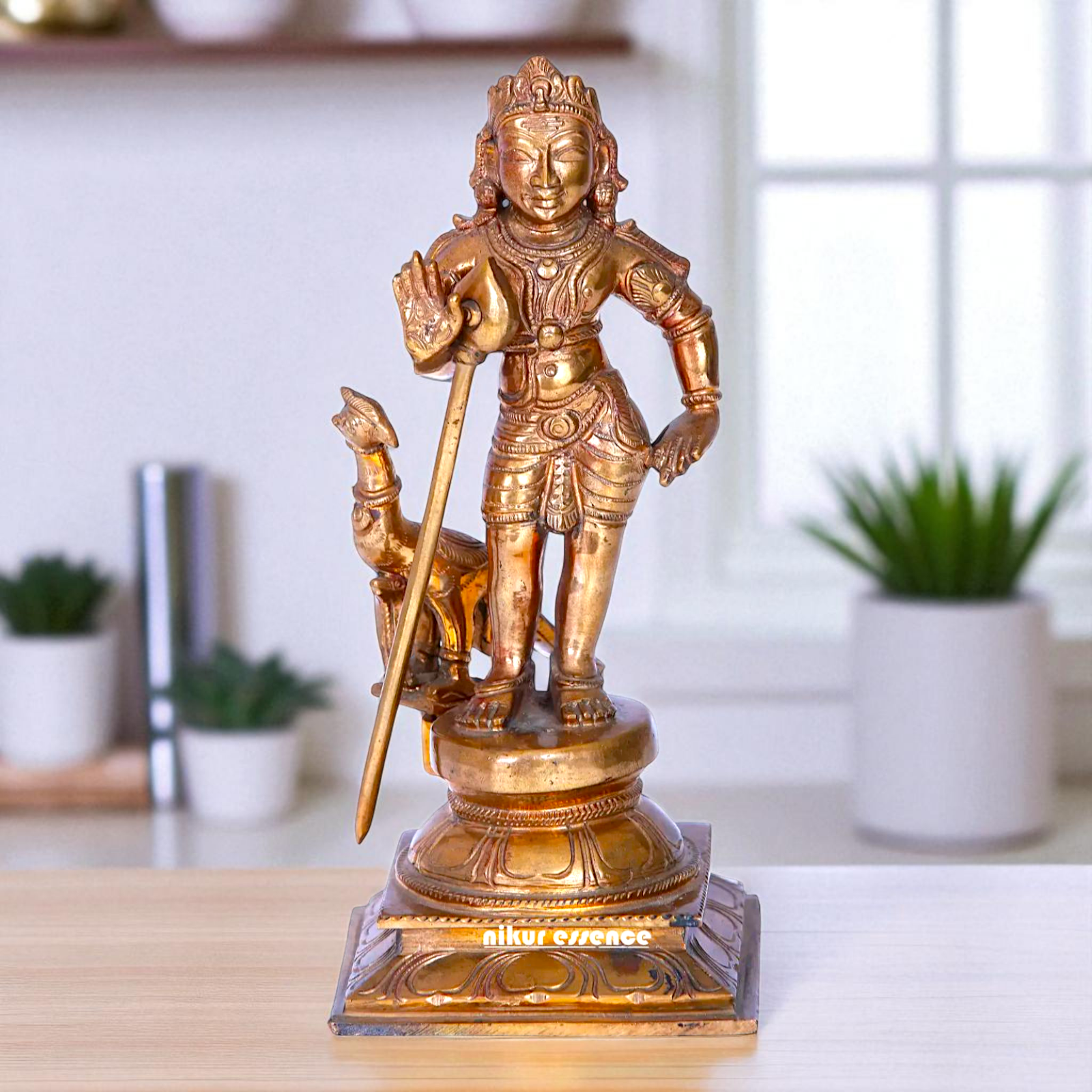 Lord Murugan Kartikeya Swamy Standing with Blessing and peacock Bronze/Panchaloha idol - 8 Inches Nikuressence