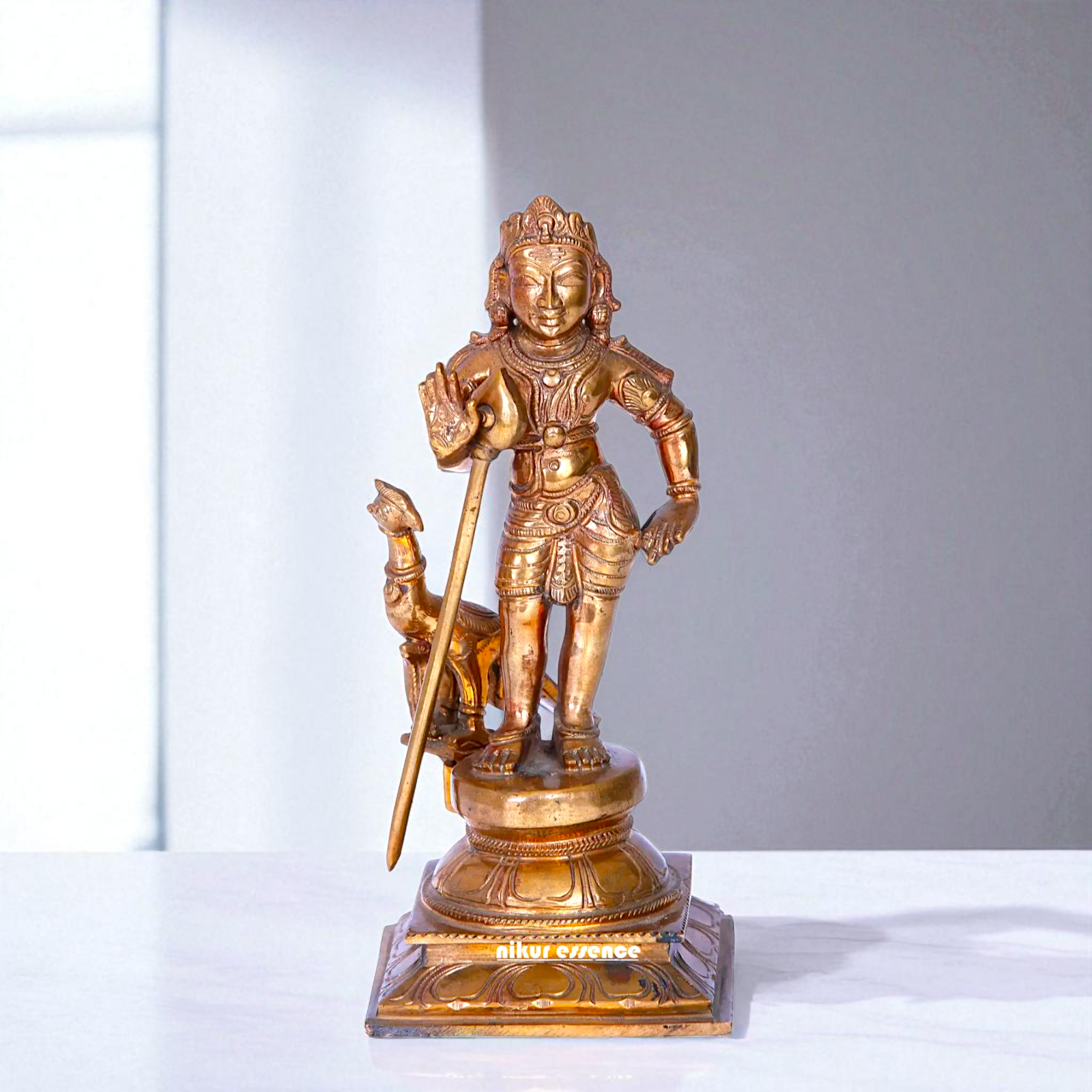 Lord Murugan Kartikeya Swamy Standing with Blessing and peacock Bronze/Panchaloha idol - 8 Inches Nikuressence