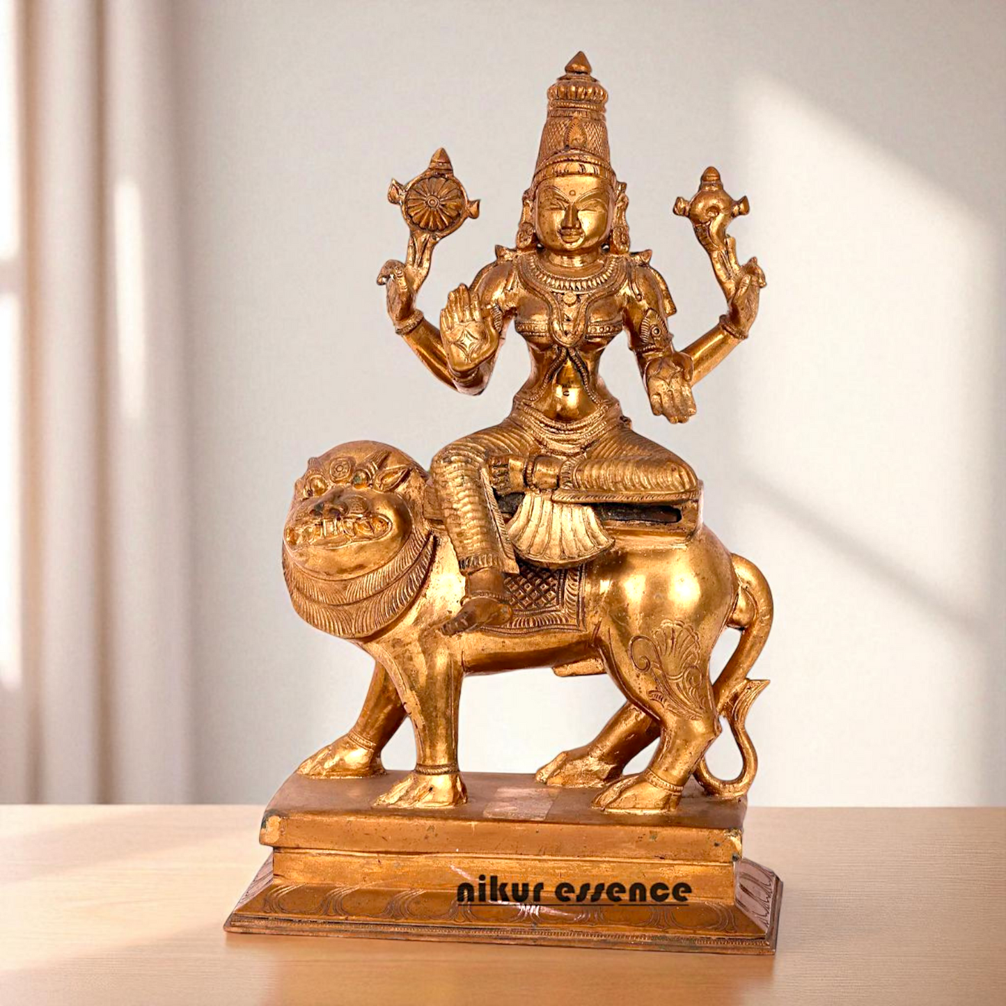 Goddess Durga Sherawali Mata Seated on Lion with Blessing Bronze/Panchaloha statue - 14 Inches Nikuressence