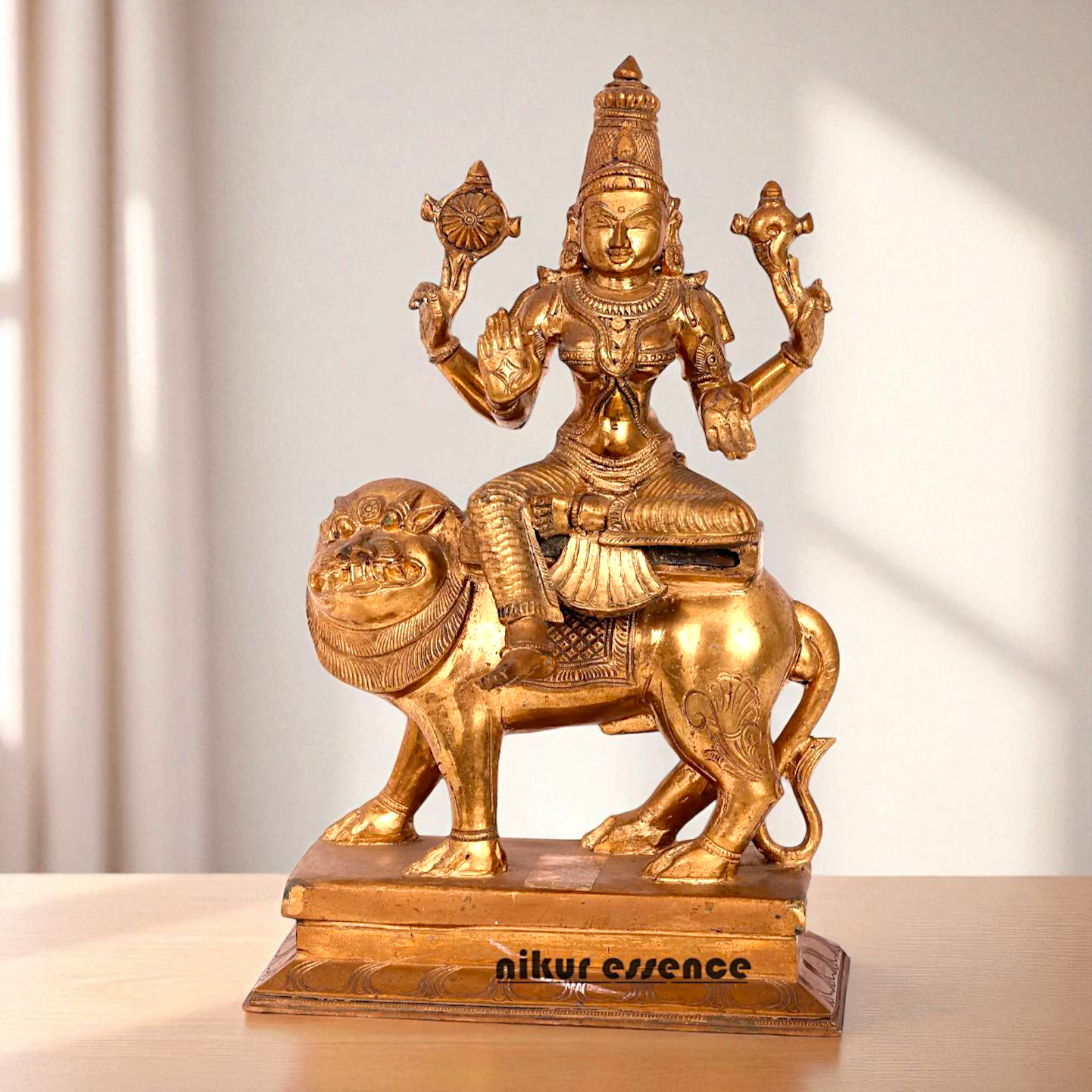 Goddess Durga Sherawali Mata Seated on Lion with Blessing Bronze/Panchaloha statue - 14 Inches Nikuressence
