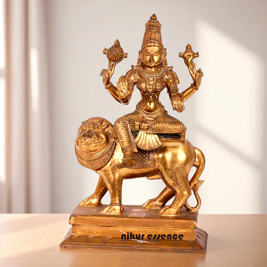 Goddess Durga Sherawali Mata Seated on Lion with Blessing Bronze/Panchaloha statue - 14 Inches Nikuressence