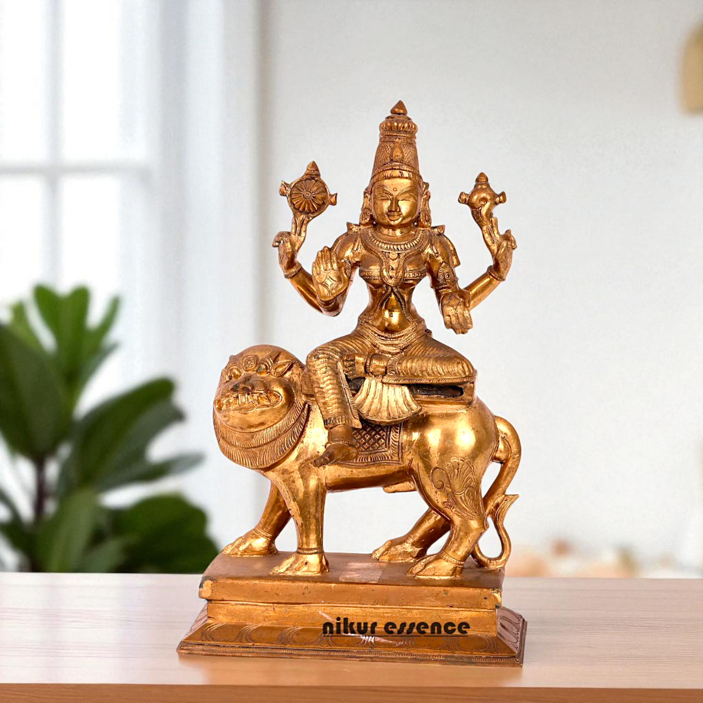 Goddess Durga Sherawali Mata Seated on Lion with Blessing Bronze/Panchaloha statue - 14 Inches Nikuressence