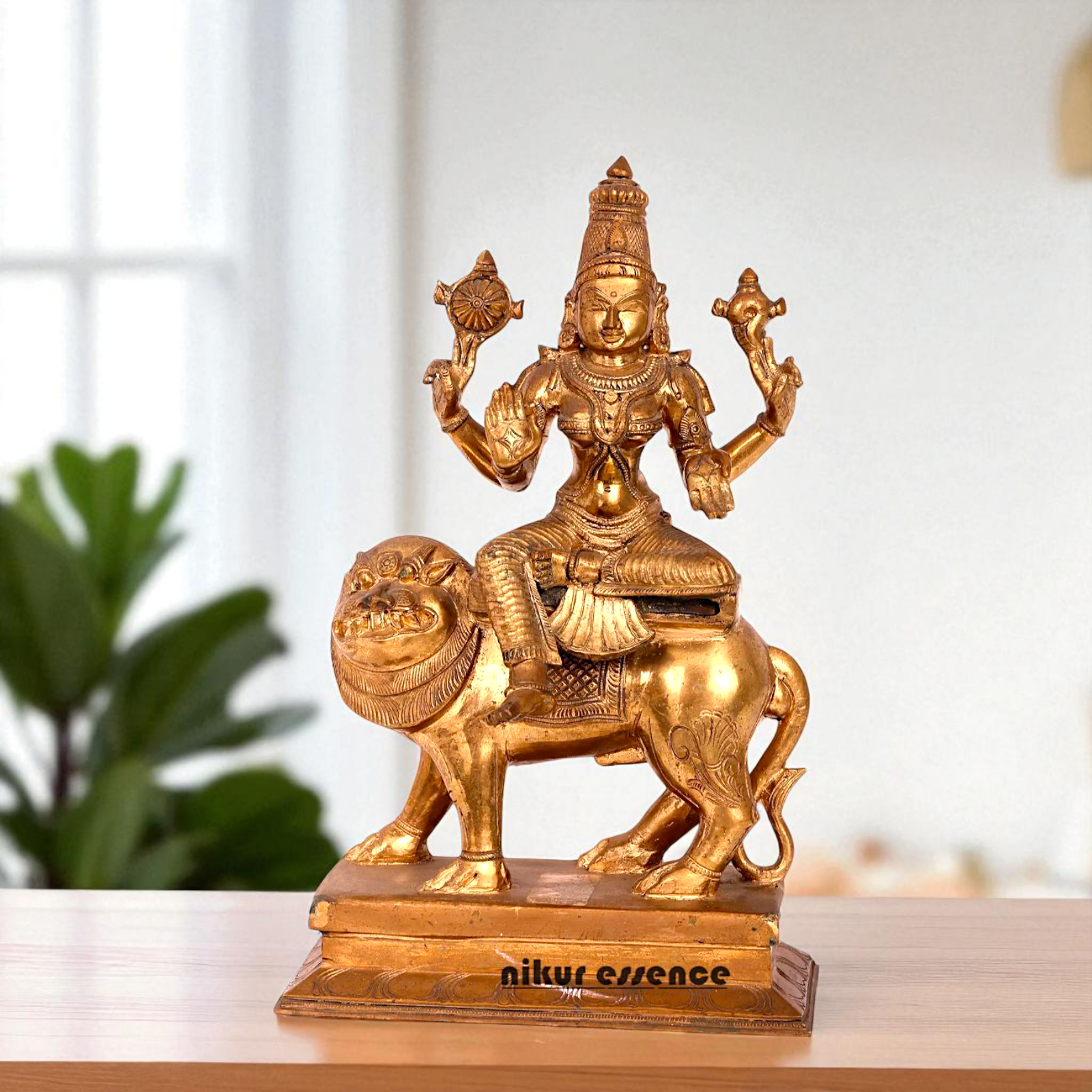 Goddess Durga Sherawali Mata Seated on Lion with Blessing Bronze/Panchaloha statue - 14 Inches Nikuressence