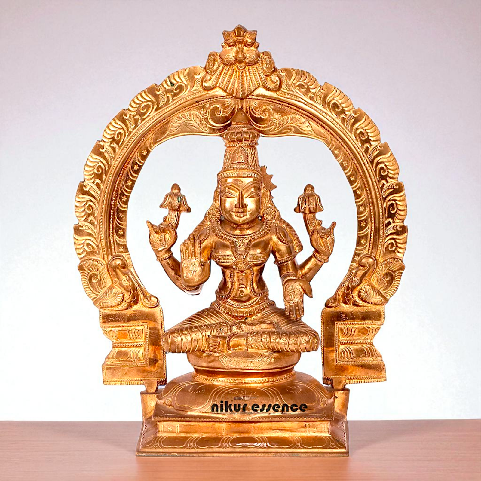 Goddess Lakshmi Mata Seated on kirtimukha throne with Four Armed Bronze/Panchaloha idol - 1 Feet Nikuressence