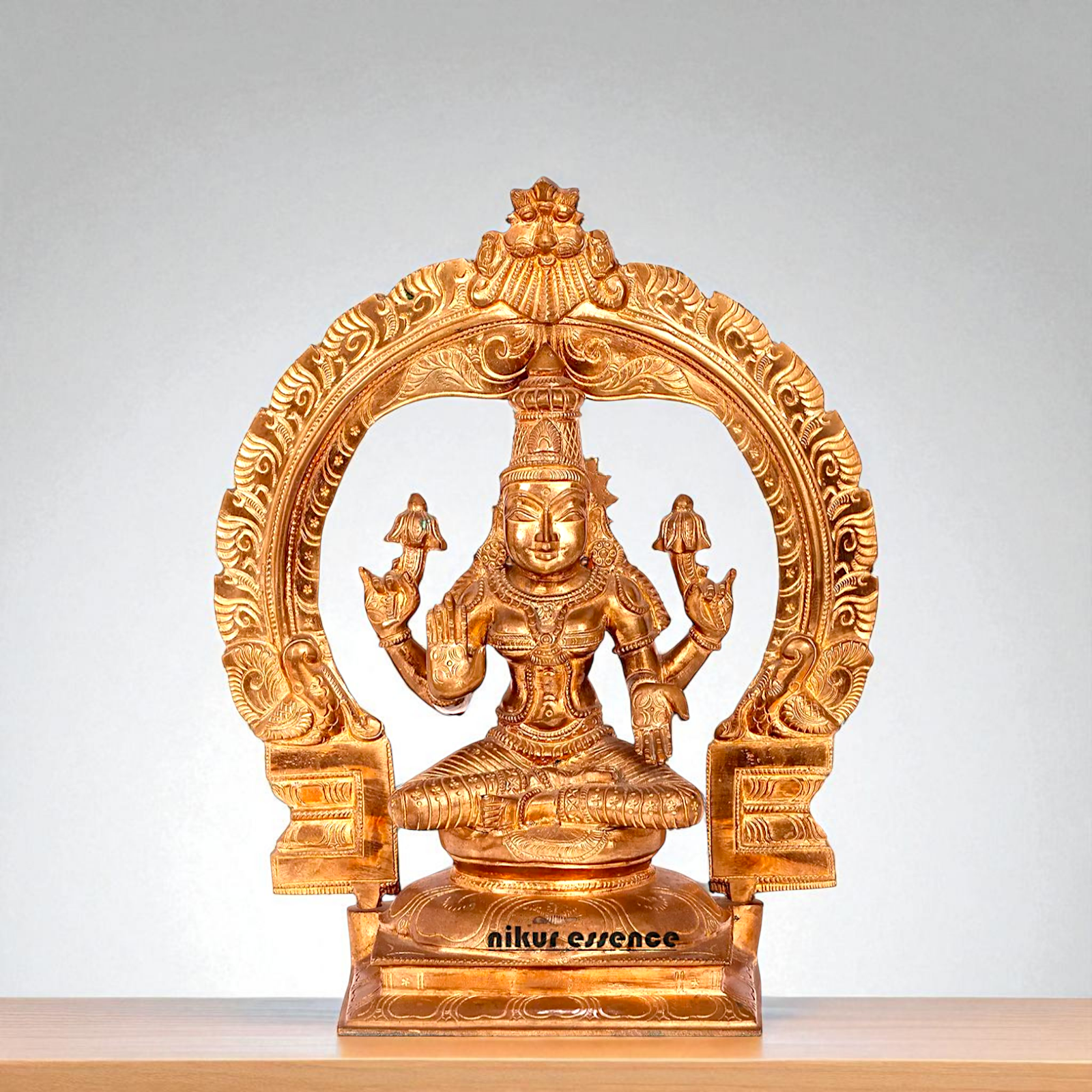 Goddess Lakshmi Mata Seated on kirtimukha throne with Four Armed Bronze/Panchaloha idol - 1 Feet Nikuressence