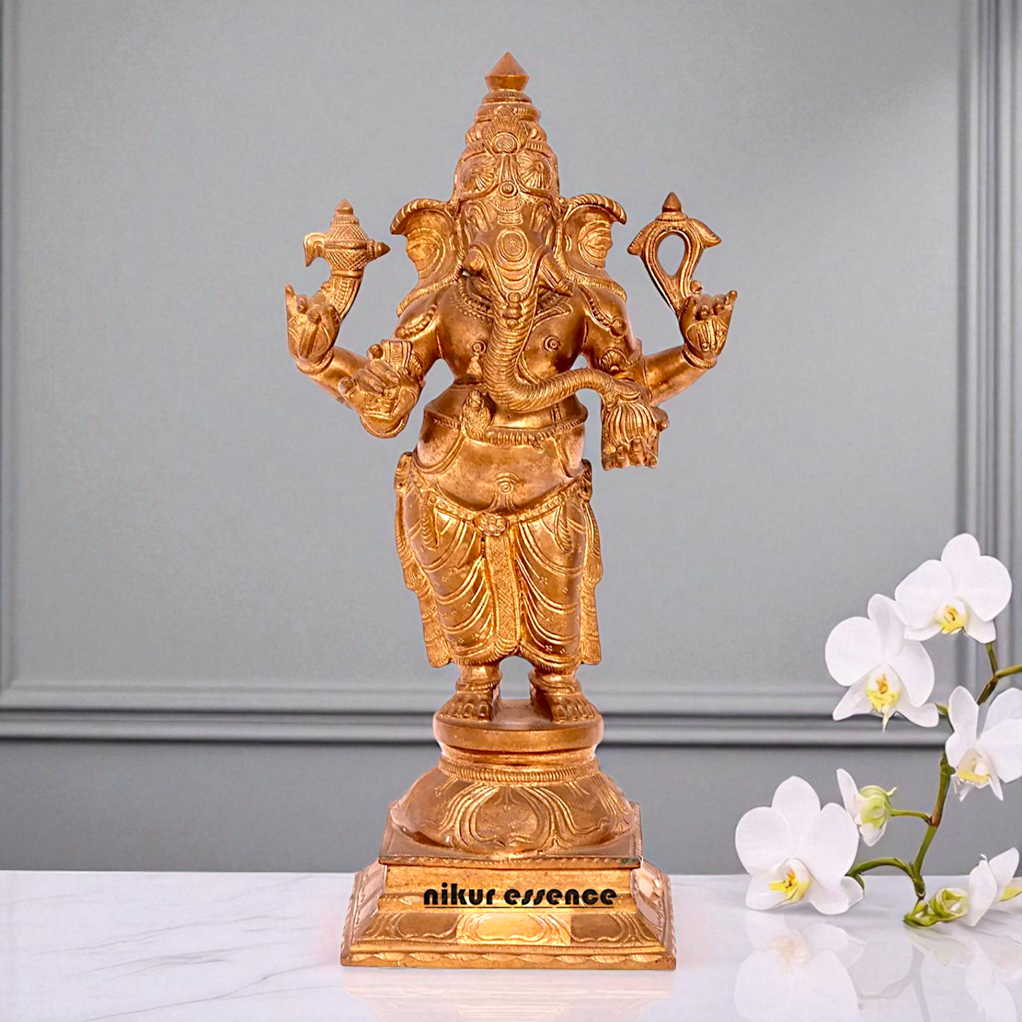 Lord Ganesha Ganpati Bappa morya Standing with Four Armed Bronze/Panchaloha idol - 15 Inches Nikuressence