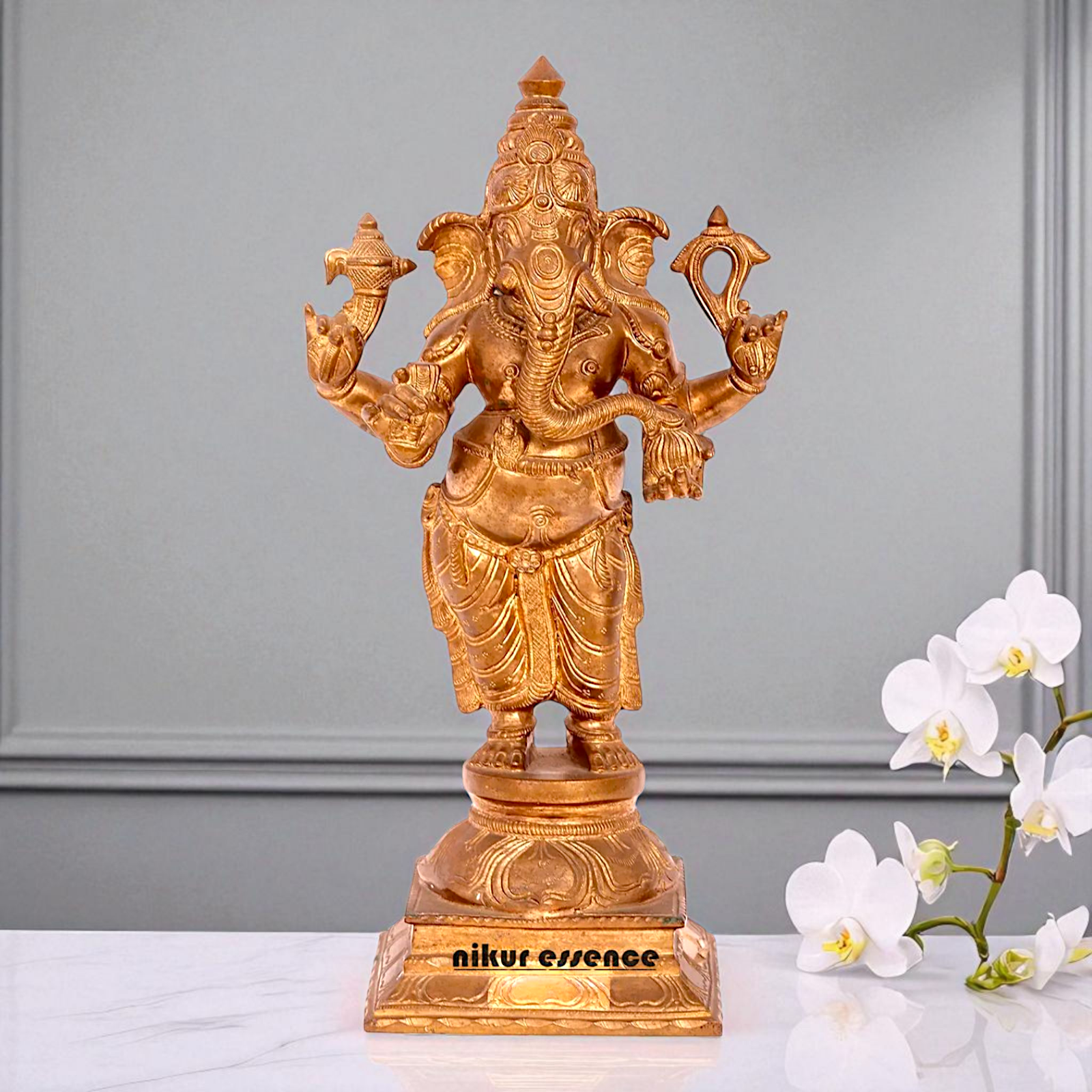 Lord Ganesha Ganpati Bappa morya Standing with Four Armed Bronze/Panchaloha idol - 15 Inches Nikuressence