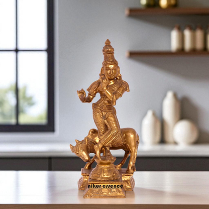 Lord Gopal Krishna Standing with cow Bronze/Panchaloha idol - 8 Inches Nikuressence