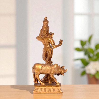 Lord Gopal Krishna Standing with cow Bronze/Panchaloha idol - 8 Inches Nikuressence