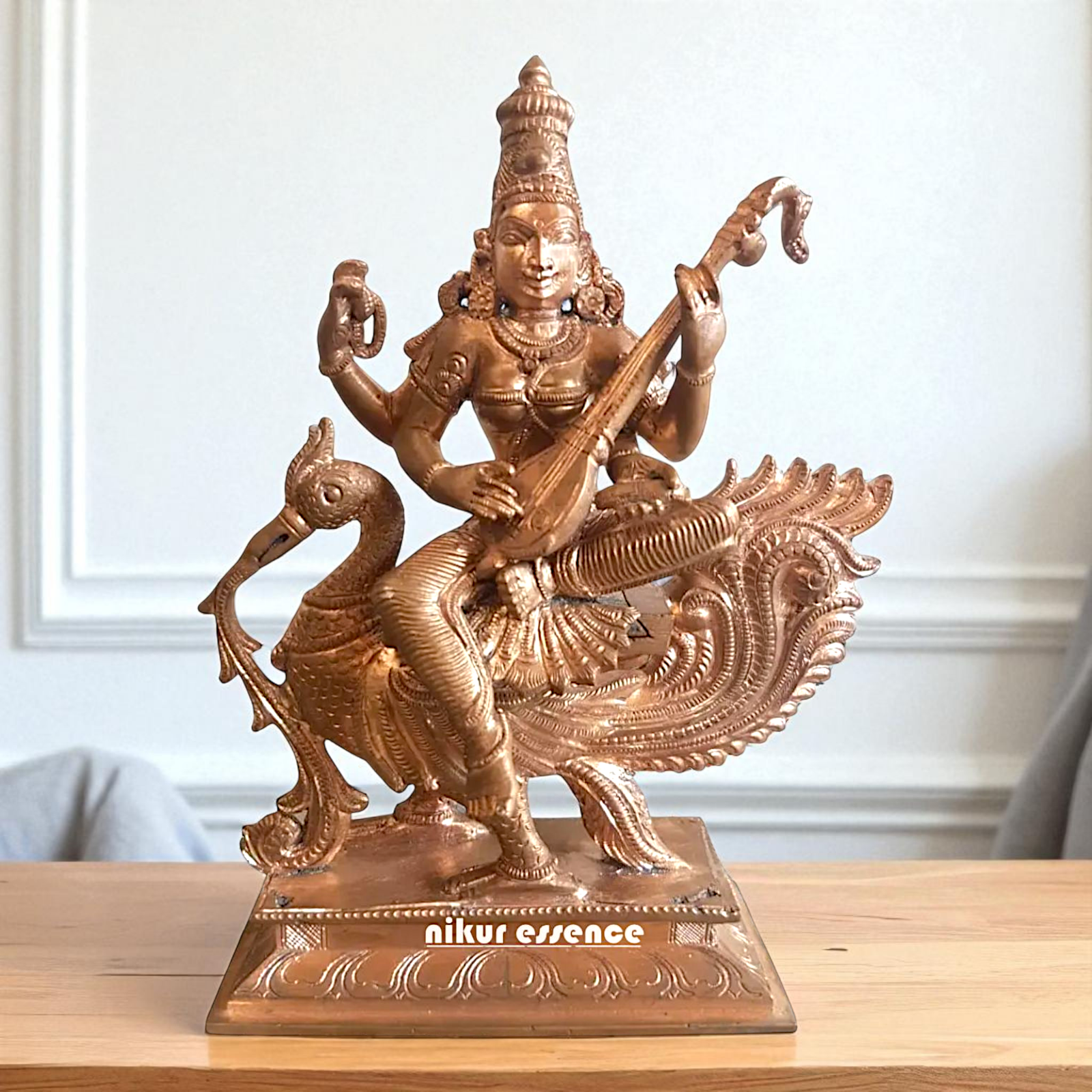 Goddess Saraswati Mata Seated on swan with Playing Veena Bronze/Panchaloha idol - 30 Inches Nikuressence