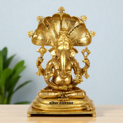 Bronze/Panchaloha Ganesha seated on sheshnag statue - 18 Inches Nikuressence
