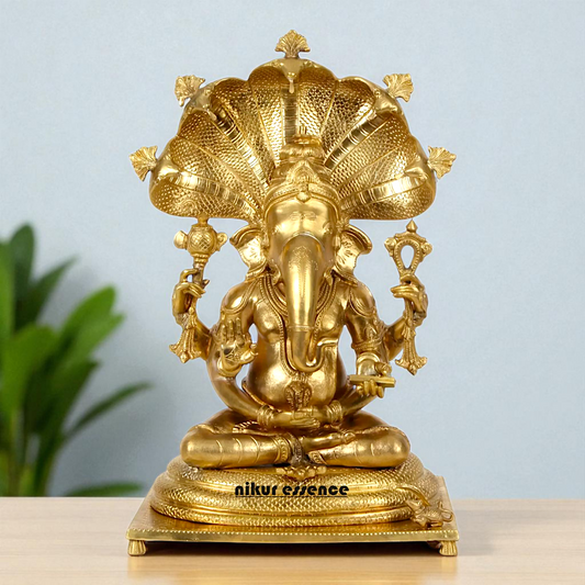 Bronze/Panchaloha Ganesha seated on sheshnag statue - 18 Inches Nikuressence