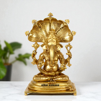 Bronze/Panchaloha Ganesha seated on sheshnag statue - 18 Inches Nikuressence