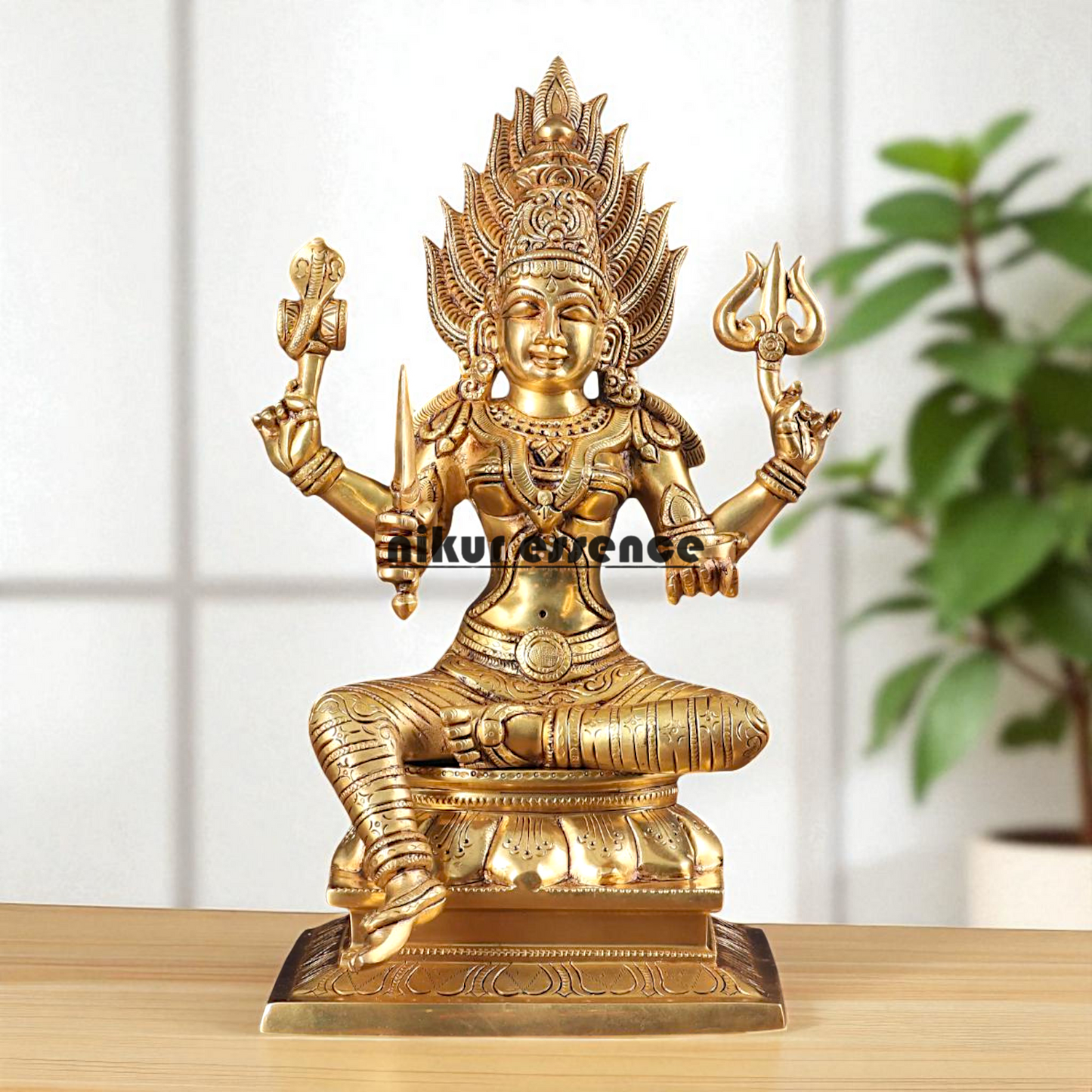 Goddess Mariamman Devi Seated with Four Armed Brass idol - 13 Inches Nikuressence