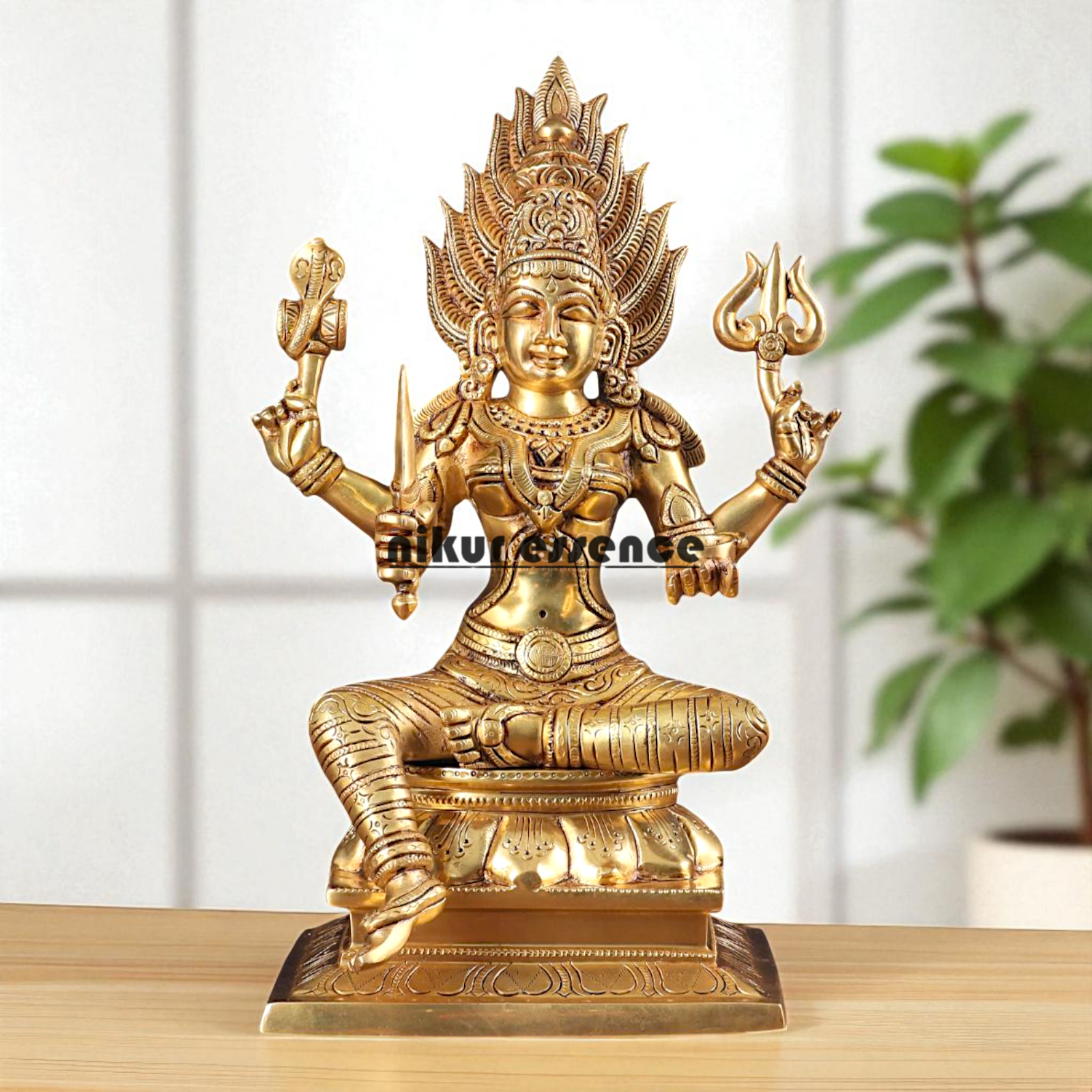 Goddess Mariamman Devi Seated with Four Armed Brass idol - 13 Inches Nikuressence