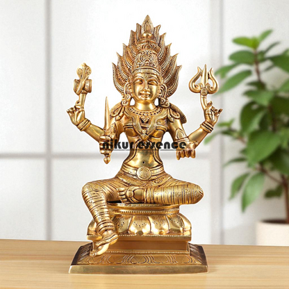Goddess Mariamman Devi Seated with Four Armed Brass idol - 13 Inches Nikuressence
