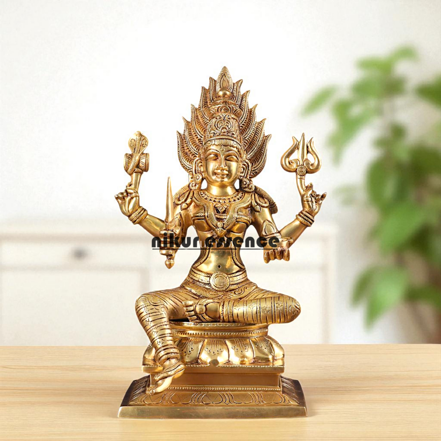 Goddess Mariamman Devi Seated with Four Armed Brass idol - 13 Inches Nikuressence