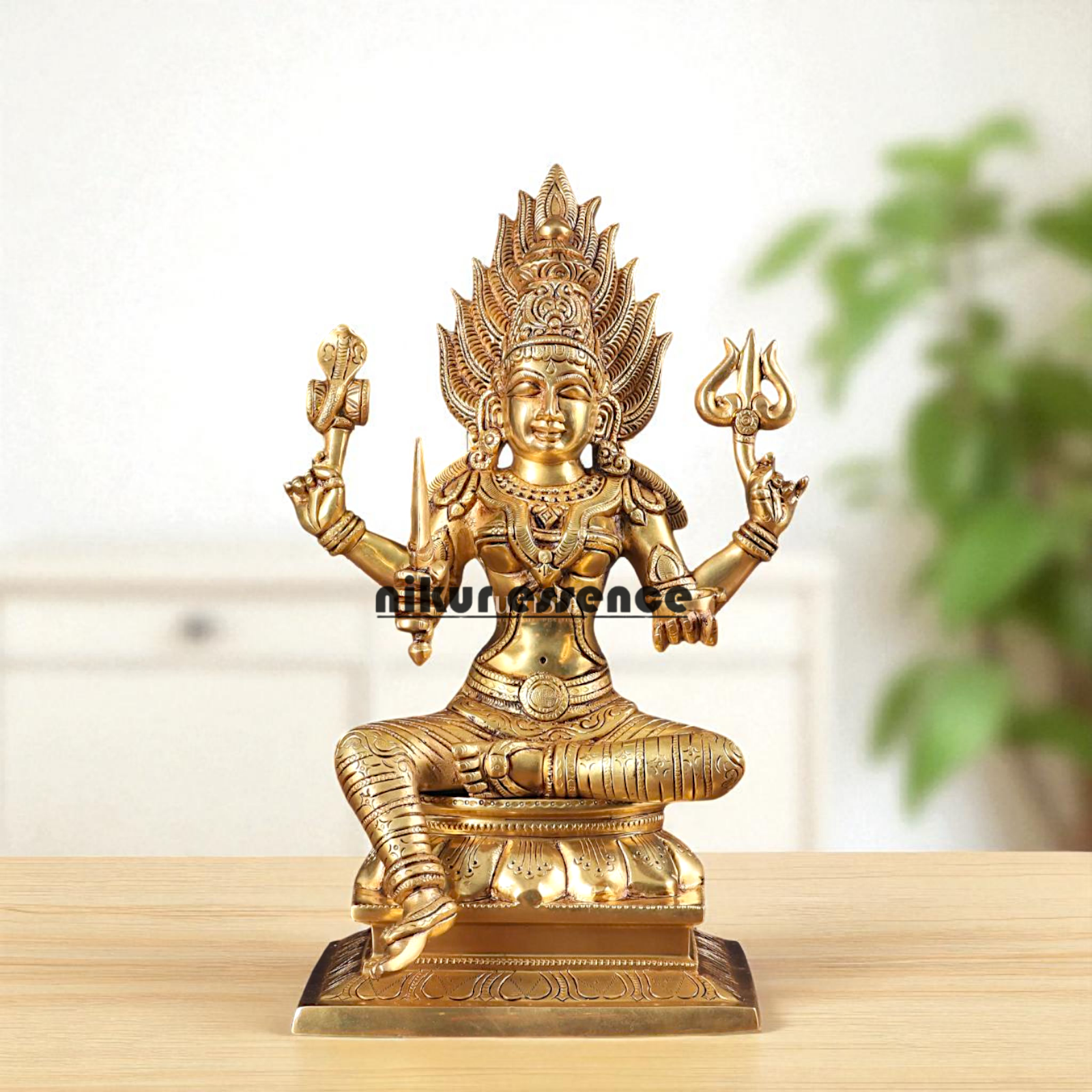 Goddess Mariamman Devi Seated with Four Armed Brass idol - 13 Inches Nikuressence