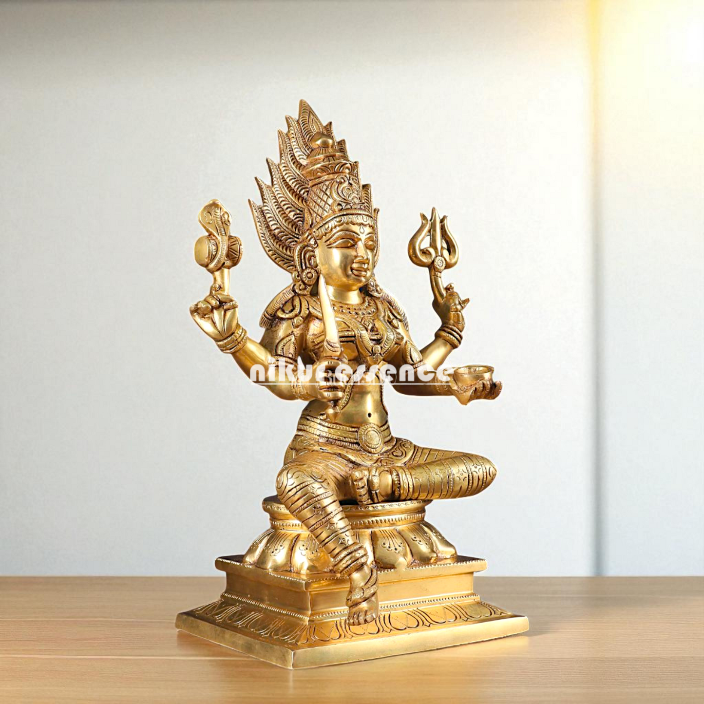 Goddess Mariamman Devi Seated with Four Armed Brass idol - 13 Inches Nikuressence