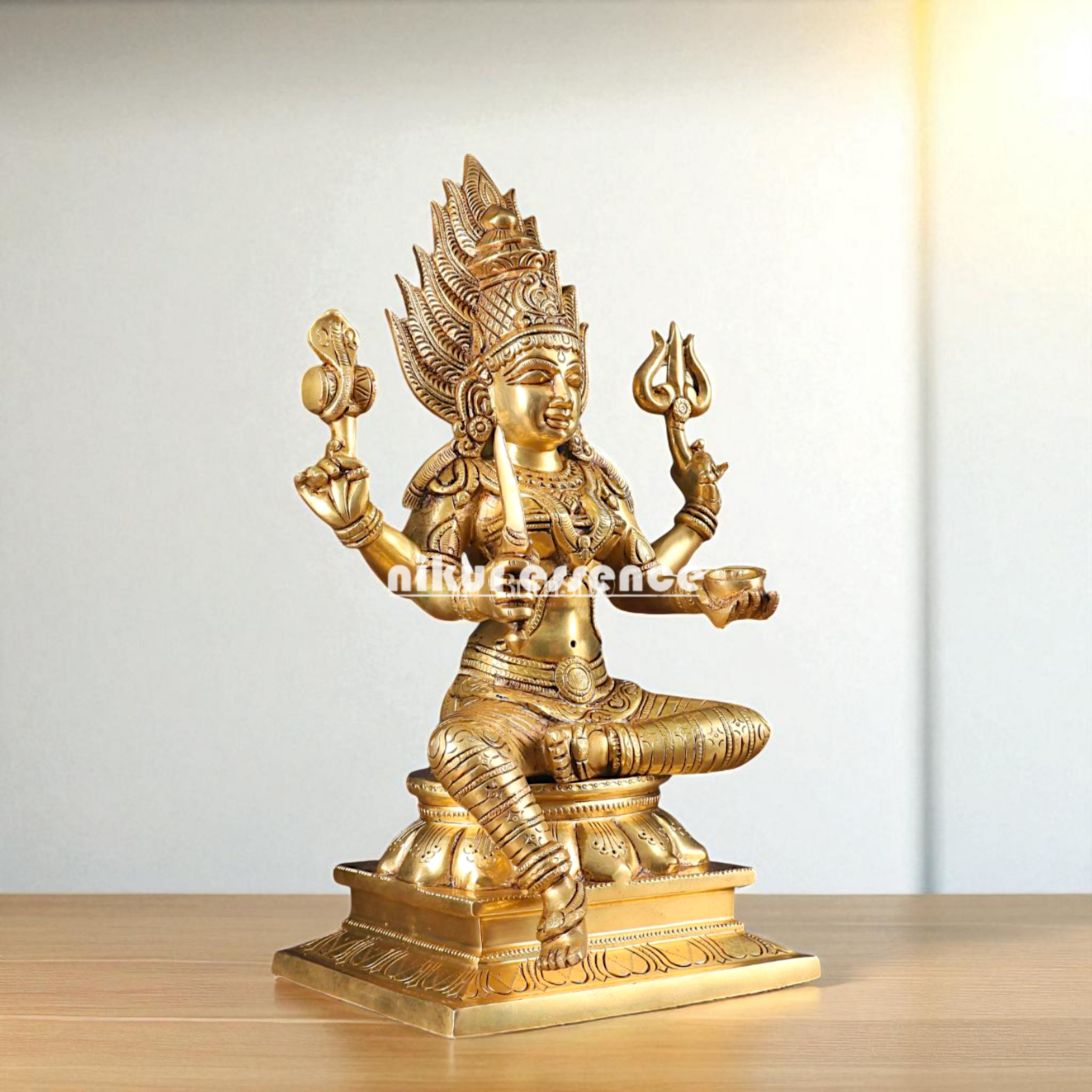 Goddess Mariamman Devi Seated with Four Armed Brass idol - 13 Inches Nikuressence