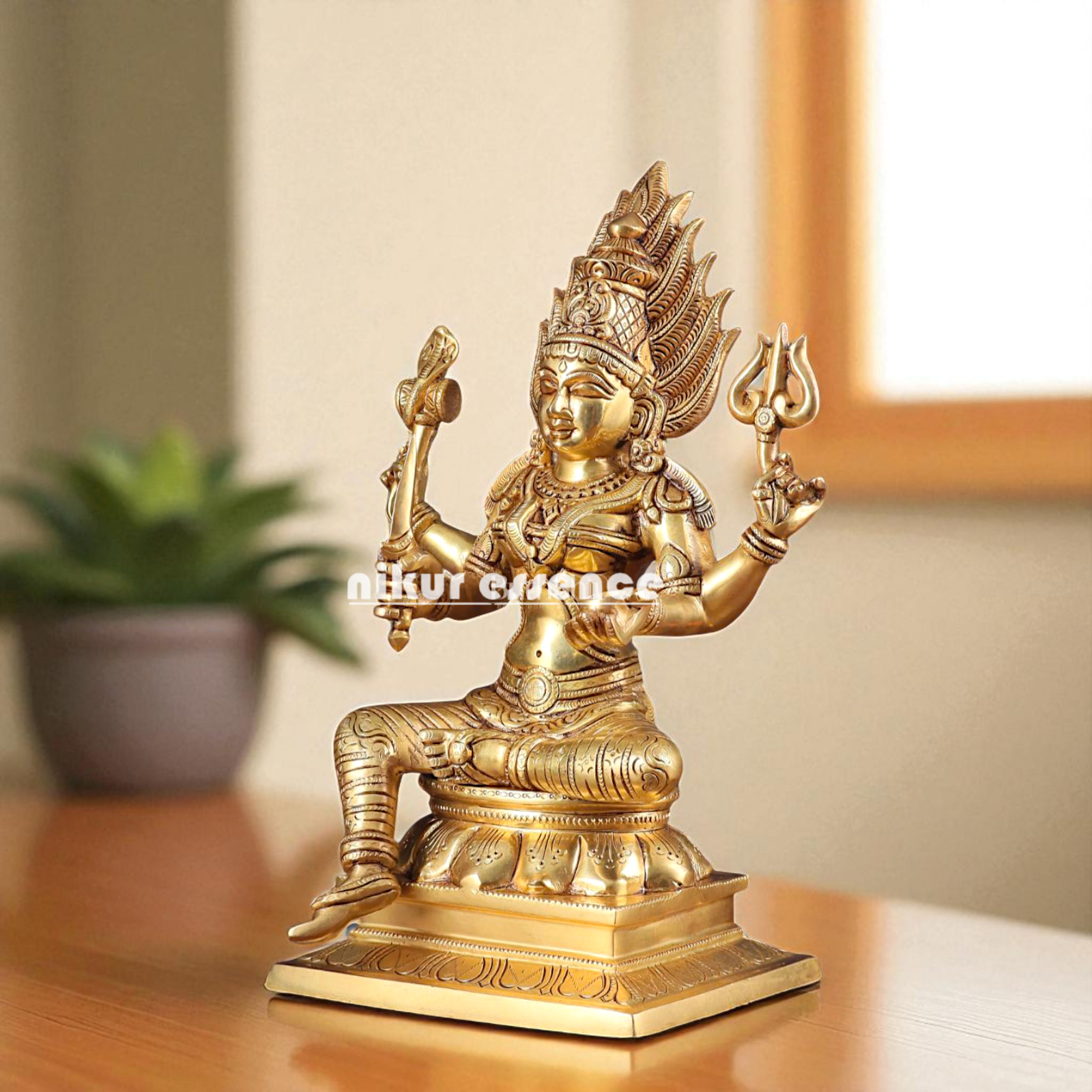 Goddess Mariamman Devi Seated with Four Armed Brass idol - 13 Inches Nikuressence