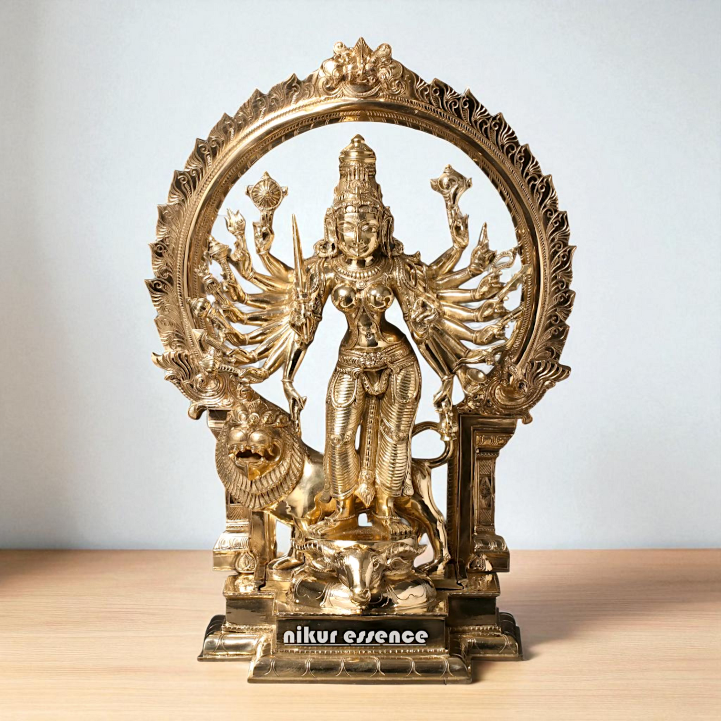 Goddess Durga Maa with Lion Standing Eighteen Armed Bronze Panchaloha idol - 23 Inches Nikuressence