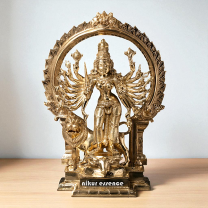 Goddess Durga Maa with Lion Standing Eighteen Armed Bronze Panchaloha idol - 23 Inches Nikuressence