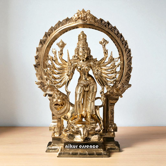 Goddess Durga Maa with Lion Standing Eighteen Armed Bronze Panchaloha idol - 23 Inches Nikuressence