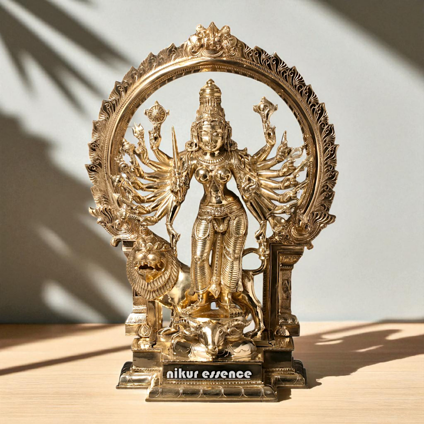 Goddess Durga Maa with Lion Standing Eighteen Armed Bronze Panchaloha idol - 23 Inches Nikuressence